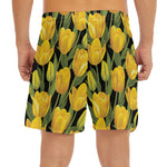Yellow Tulip Pattern Print Men's Split Running Shorts