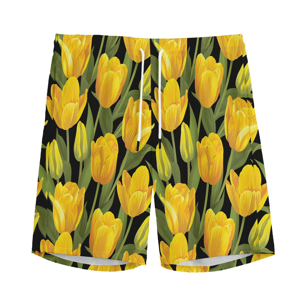 Yellow Tulip Pattern Print Men's Sports Shorts