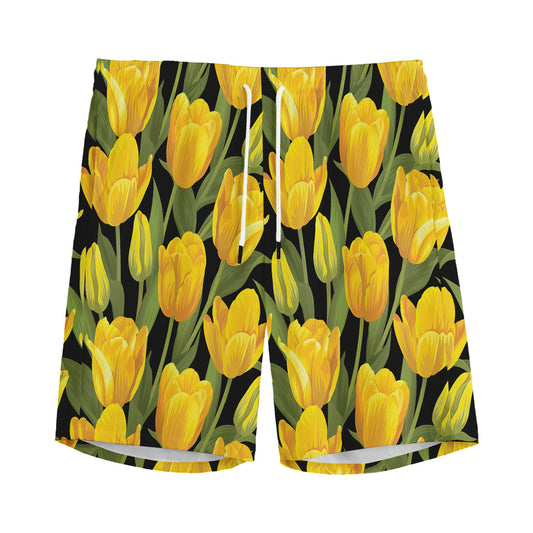 Yellow Tulip Pattern Print Men's Sports Shorts