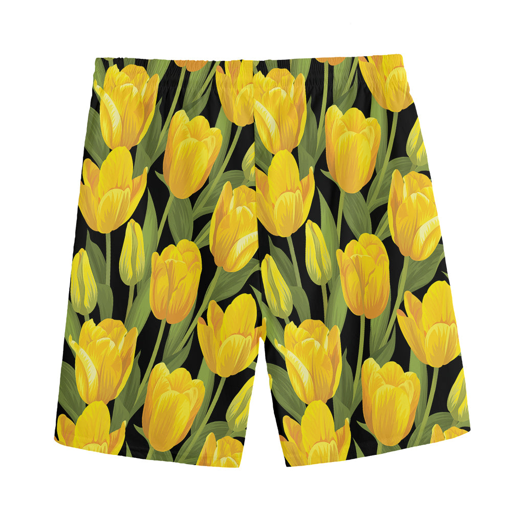 Yellow Tulip Pattern Print Men's Sports Shorts