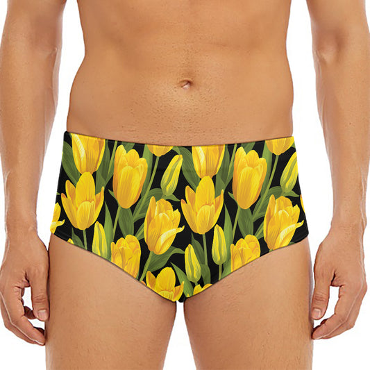 Yellow Tulip Pattern Print Men's Triangle Swim Briefs