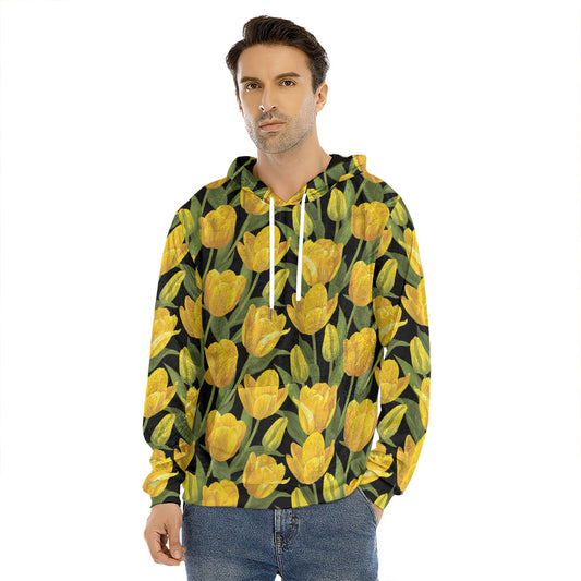 Yellow Tulip Pattern Print Men's Velvet Pullover Hoodie