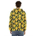 Yellow Tulip Pattern Print Men's Velvet Pullover Hoodie