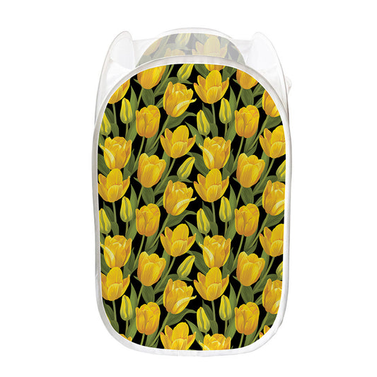 Yellow Tulip Pattern Print Mesh Laundry Hamper