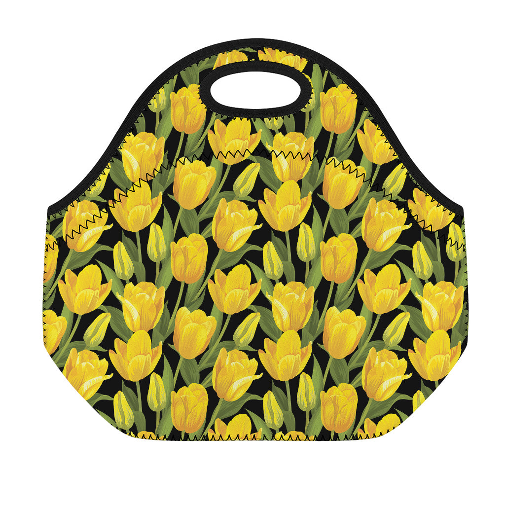 Yellow Tulip Pattern Print Neoprene Lunch Bag
