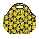 Yellow Tulip Pattern Print Neoprene Lunch Bag