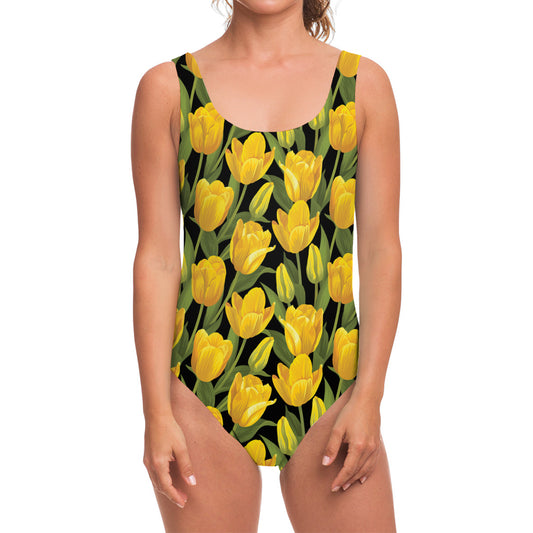 Yellow Tulip Pattern Print One Piece Swimsuit
