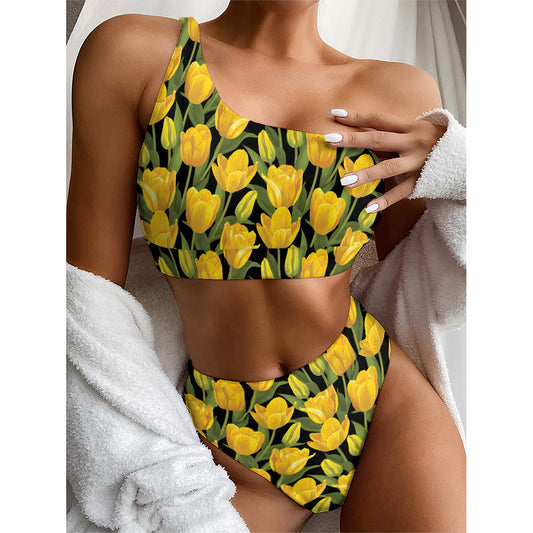 Yellow Tulip Pattern Print One Shoulder Bikini Top