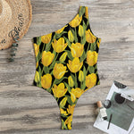 Yellow Tulip Pattern Print One Shoulder Bodysuit