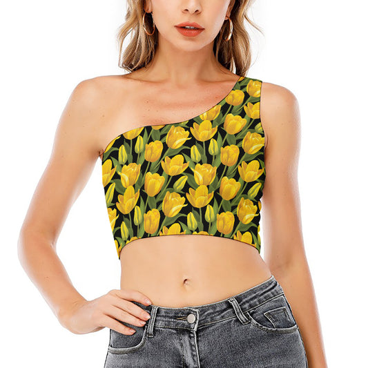 Yellow Tulip Pattern Print One Shoulder Crop Top