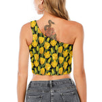 Yellow Tulip Pattern Print One Shoulder Crop Top