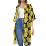 Yellow Tulip Pattern Print Open Front Beach Cover Up