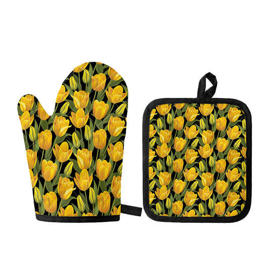 Yellow Tulip Pattern Print Oven Mitt And Pot Holder Set