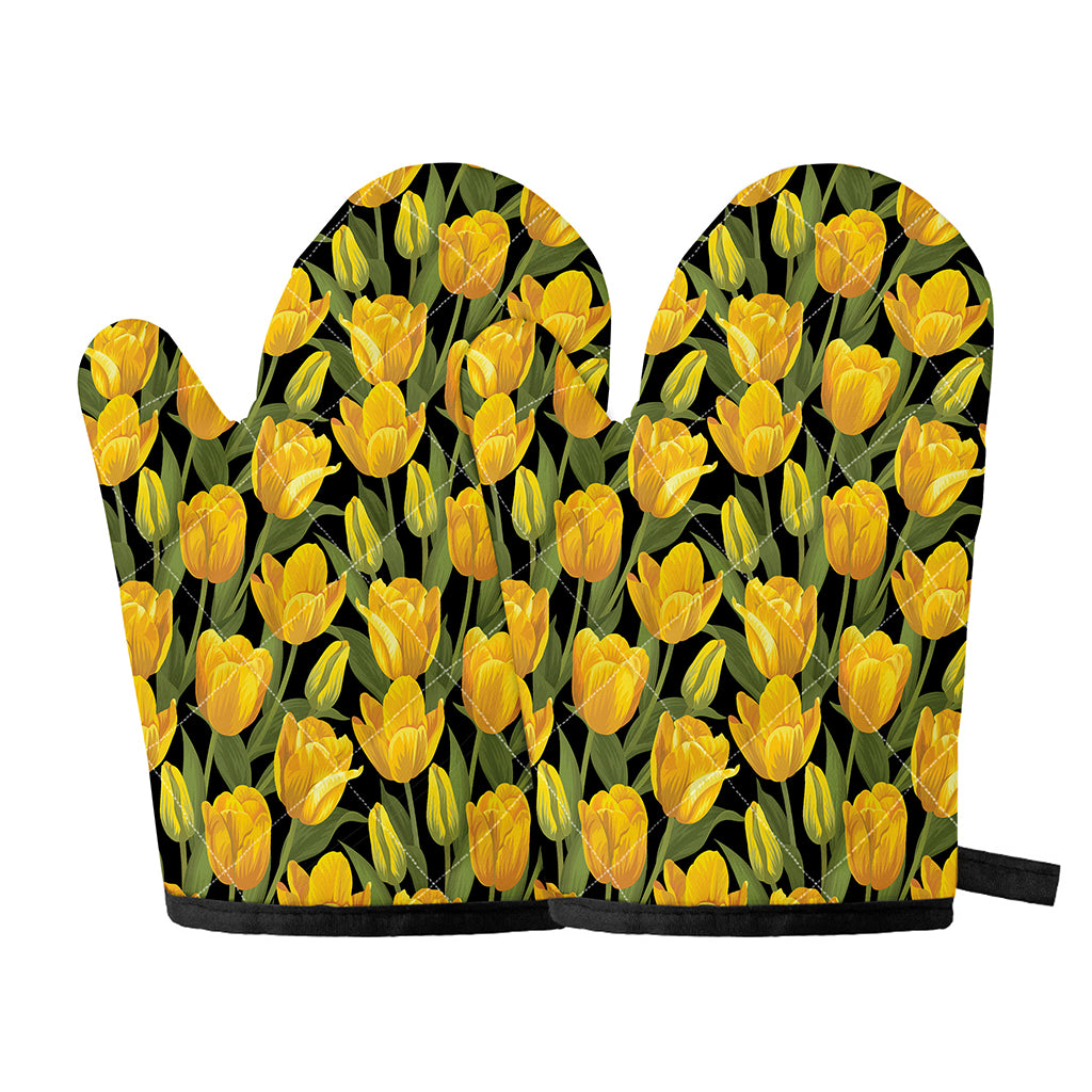 Yellow Tulip Pattern Print Oven Mitts