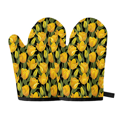 Yellow Tulip Pattern Print Oven Mitts