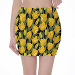 Yellow Tulip Pattern Print Pencil Mini Skirt