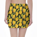 Yellow Tulip Pattern Print Pencil Mini Skirt