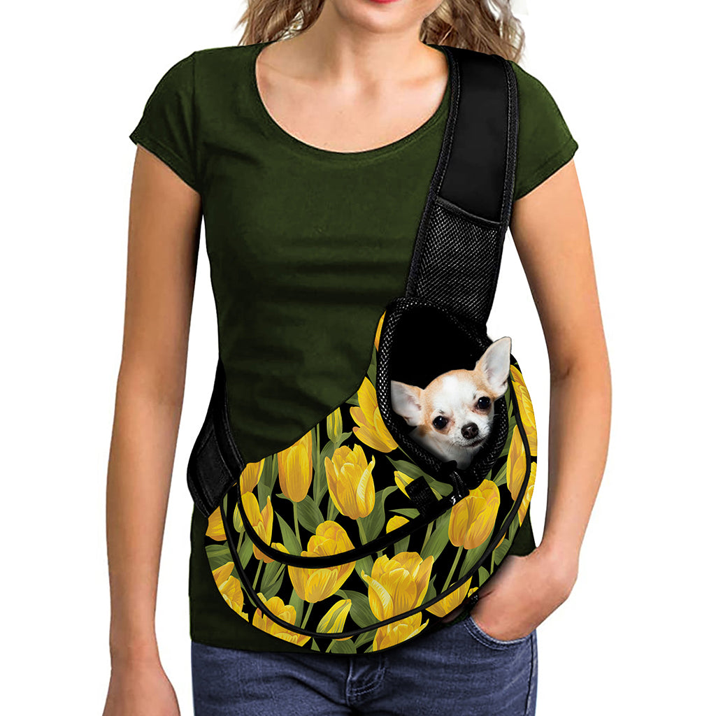 Yellow Tulip Pattern Print Pet Sling Carrier