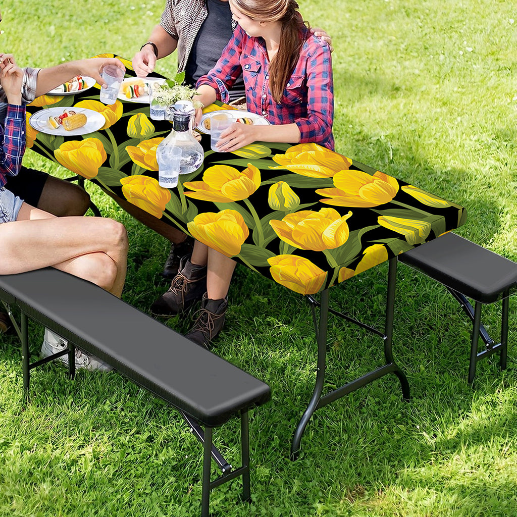 Yellow Tulip Pattern Print Picnic Table Cover