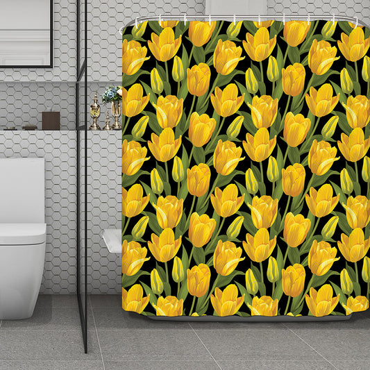 Yellow Tulip Pattern Print Polyester Shower Curtain