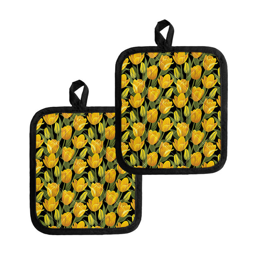 Yellow Tulip Pattern Print Pot Holders
