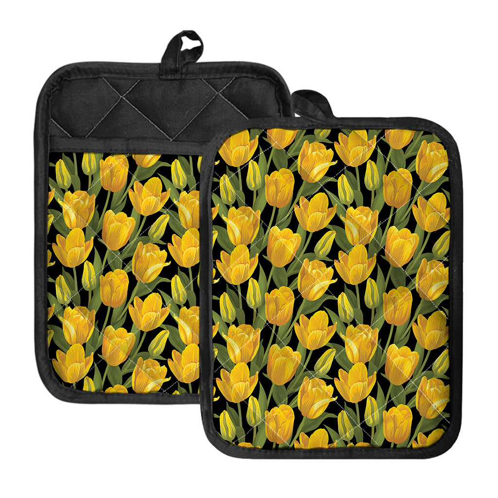 Yellow Tulip Pattern Print Pot Holders With Pocket