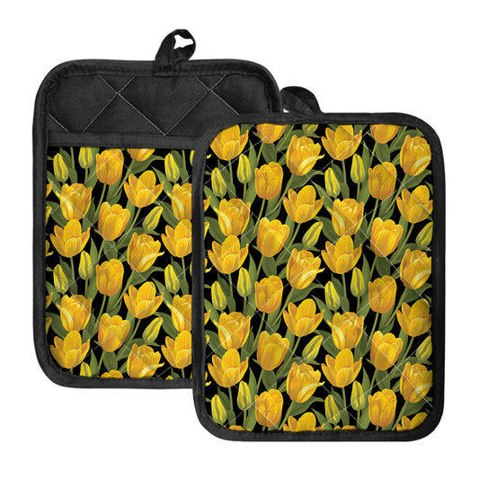 Yellow Tulip Pattern Print Pot Holders With Pocket