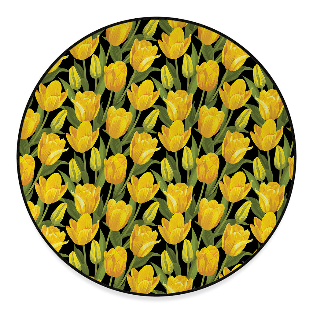 Yellow Tulip Pattern Print Round Floor Mat