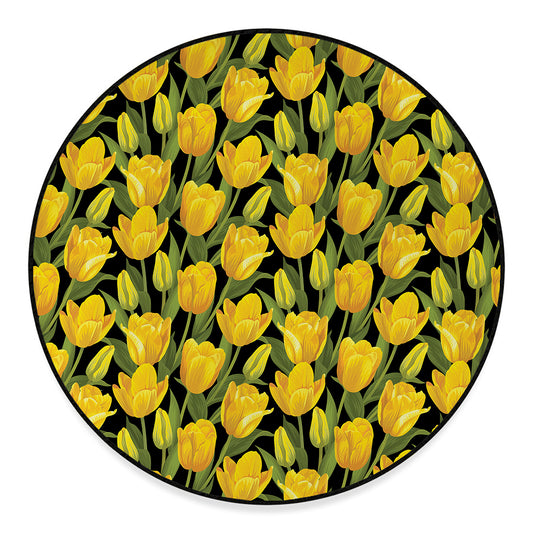 Yellow Tulip Pattern Print Round Floor Mat