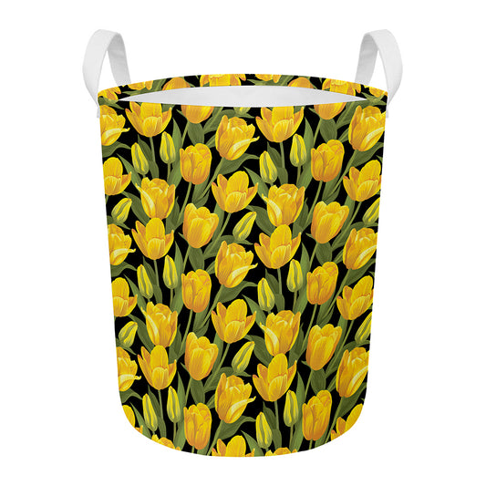 Yellow Tulip Pattern Print Round Laundry Basket