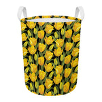 Yellow Tulip Pattern Print Round Laundry Basket