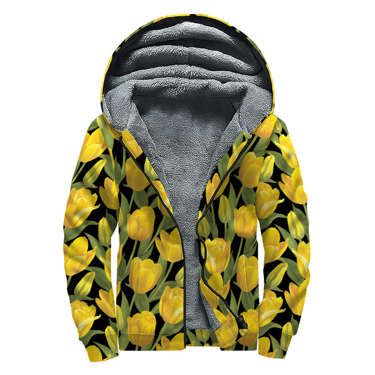 Yellow Tulip Pattern Print Sherpa Lined Zip Up Hoodie
