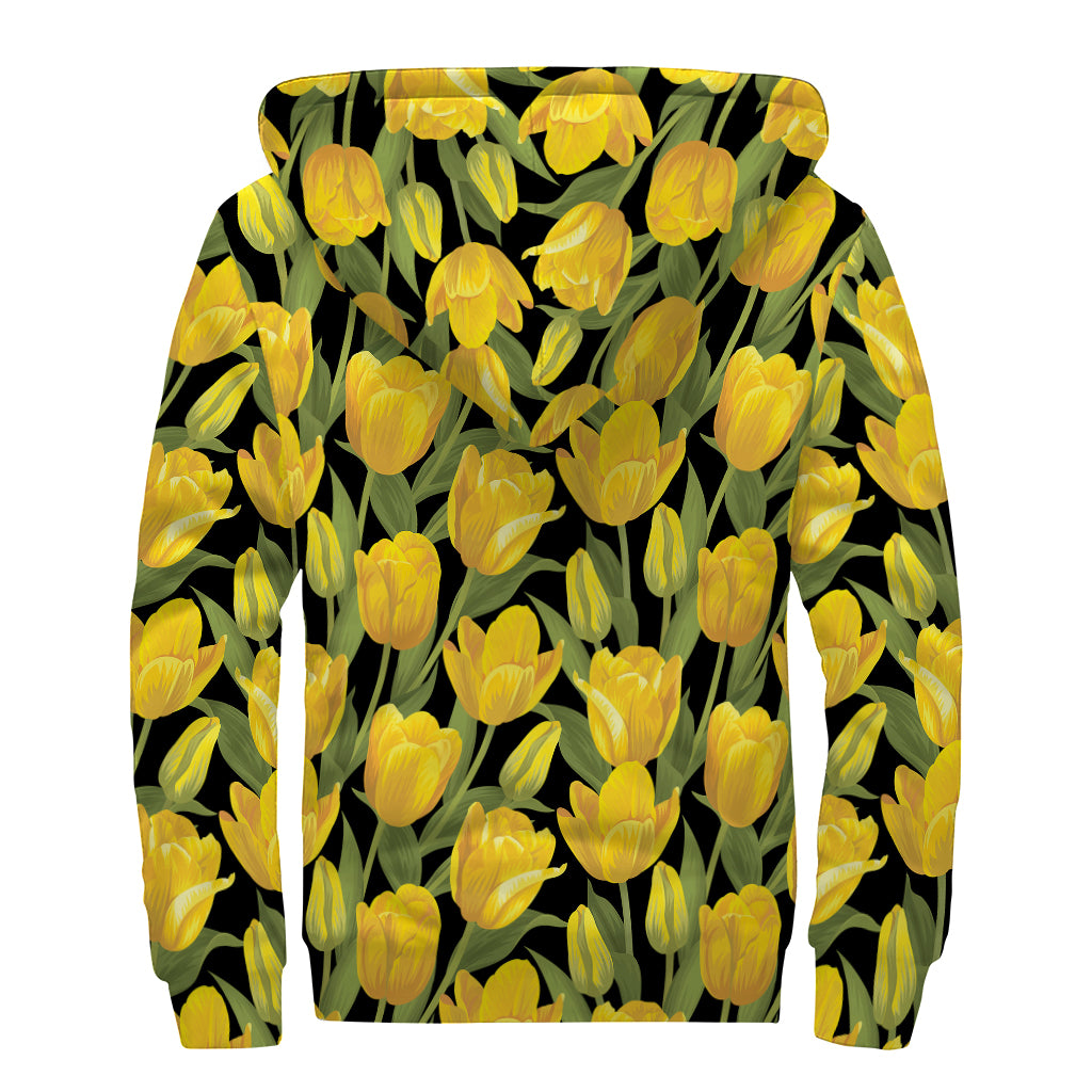 Yellow Tulip Pattern Print Sherpa Lined Zip Up Hoodie