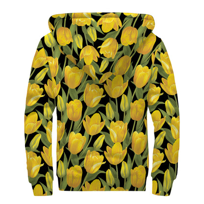 Yellow Tulip Pattern Print Sherpa Lined Zip Up Hoodie