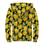 Yellow Tulip Pattern Print Sherpa Lined Zip Up Hoodie