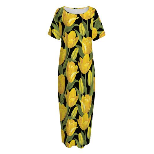 Yellow Tulip Pattern Print Short Sleeve Long Nightdress