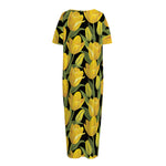 Yellow Tulip Pattern Print Short Sleeve Long Nightdress