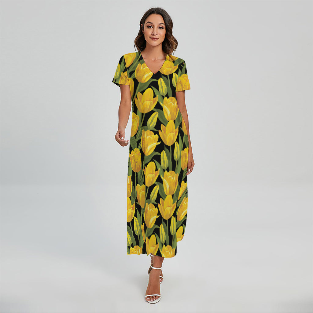 Yellow Tulip Pattern Print Short Sleeve Maxi Dress