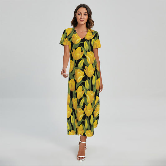 Yellow Tulip Pattern Print Short Sleeve Maxi Dress