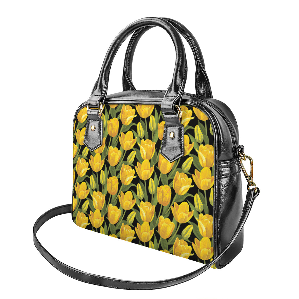 Yellow Tulip Pattern Print Shoulder Handbag