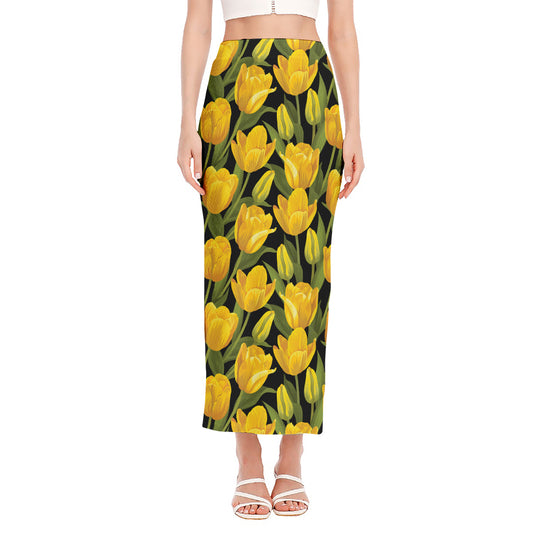 Yellow Tulip Pattern Print Side Slit Maxi Skirt