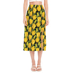 Yellow Tulip Pattern Print Side Slit Midi Skirt