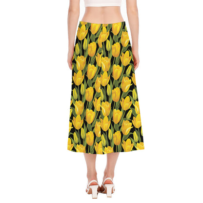 Yellow Tulip Pattern Print Side Slit Midi Skirt