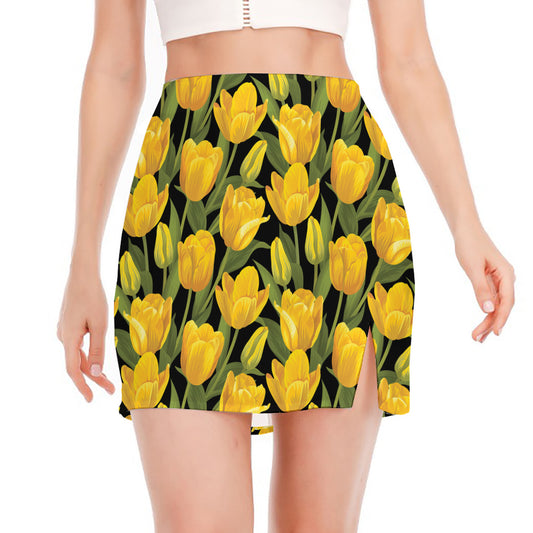 Yellow Tulip Pattern Print Side Slit Mini Skirt