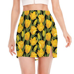 Yellow Tulip Pattern Print Side Slit Mini Skirt