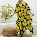 Yellow Tulip Pattern Print Silk V-Neck Kaftan Dress