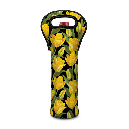 Yellow Tulip Pattern Print Single Neoprene Wine Tote