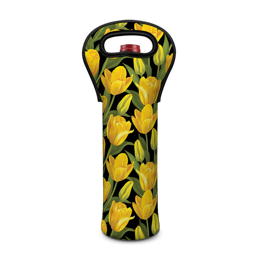 Yellow Tulip Pattern Print Single Neoprene Wine Tote