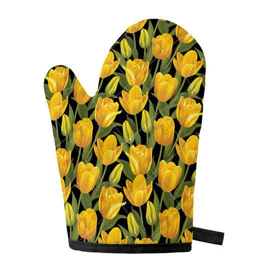 Yellow Tulip Pattern Print Single Oven Mitt