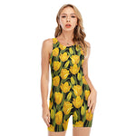 Yellow Tulip Pattern Print Sleeveless One Piece Swimsuit
